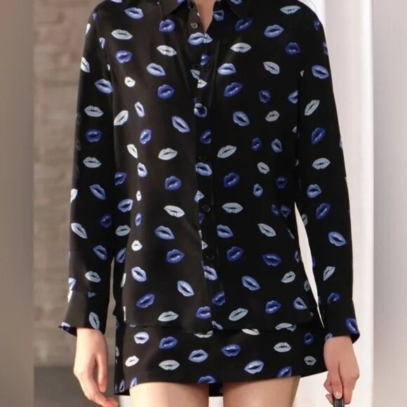 Zara Womens Button-Up Shirt With Blue Lip Print Pattern - Picture 1 of 8